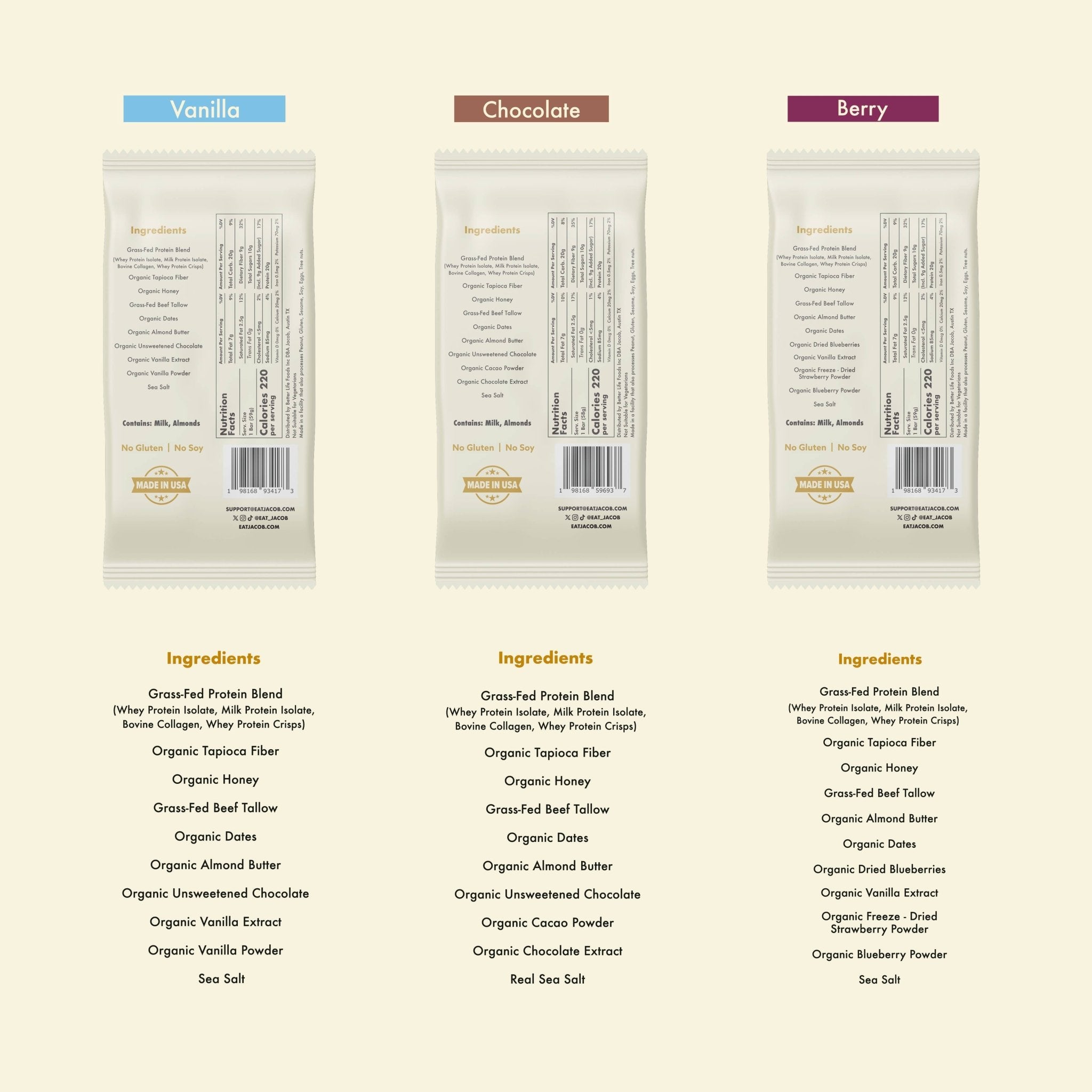 Jacob Protein Bar - Grass - Fed Organic Protein Snack Bar: Vanilla Chip / 9 - pack - Curations