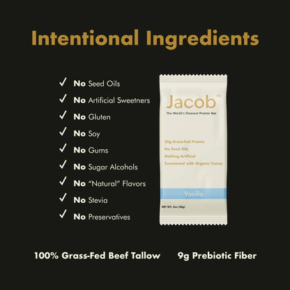 Jacob Protein Bar - Grass - Fed Organic Protein Snack Bar: Vanilla Chip / 9 - pack - Curations
